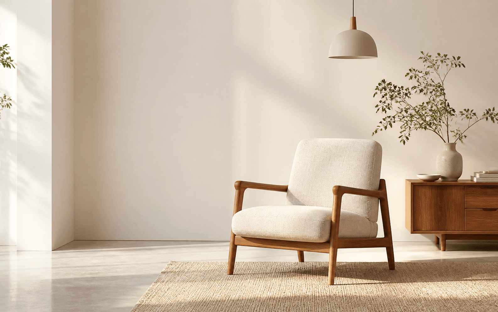 Cream Nordic armchair in a warm interior